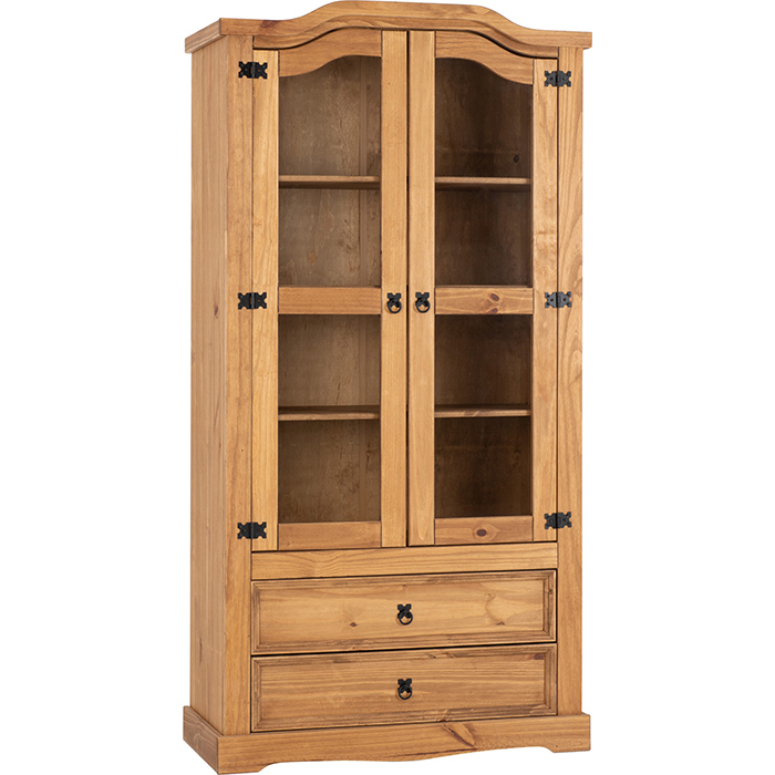 Corona 2 Door 2 Drawer Glass Display Unit in Waxed Pine - Click Image to Close